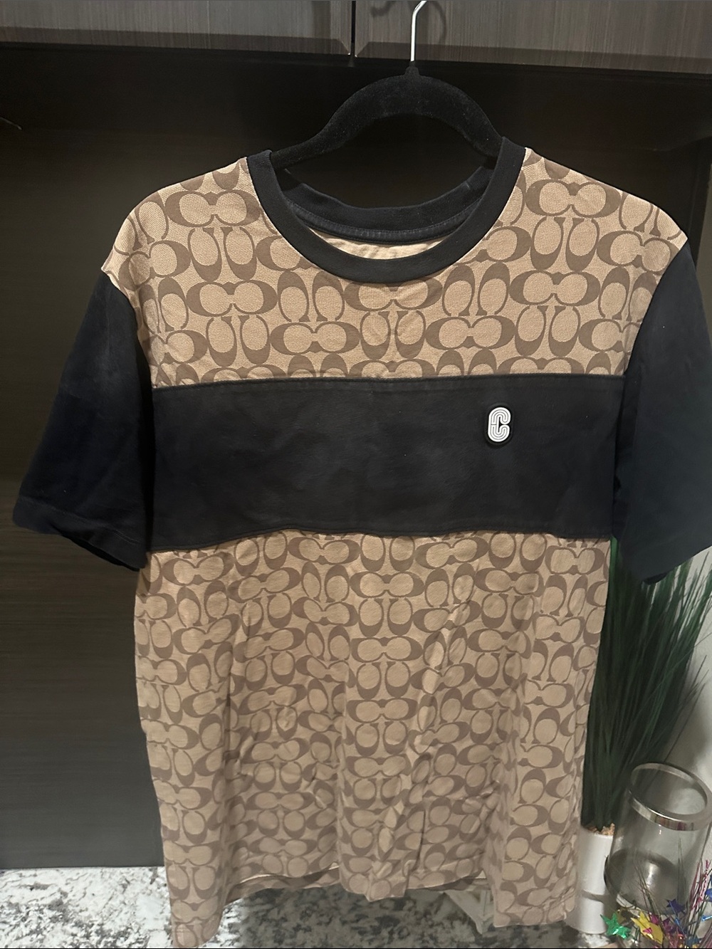 Coach Men Monogram Panel Tee in Brown and Black